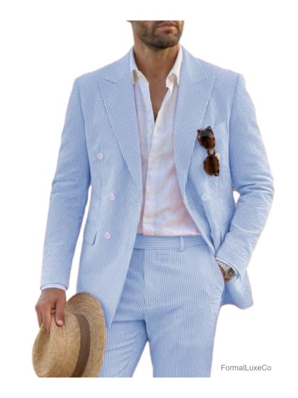 Men's Seersucker Suit 2 Piece Summer Striped Blazer Pants Set